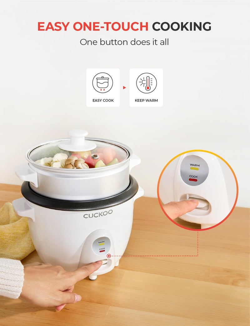 Cuckoo One Touch Rice Cooker 3-Cup (Uncooked) / 6-Cup (Cooked), Mini Rice Cooker & Warmer with Steamer Tray, Versatile Grain Cooker, Soup Maker, Auto Keep Warm, White (CR-0301C) - Image 4